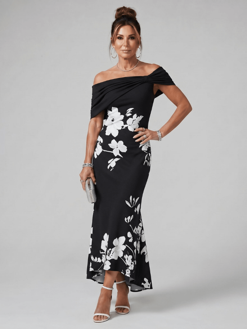 Cosma | Midi kleit Bardot kaelusega ja elegantse drapeeringuga - Liisi Valik