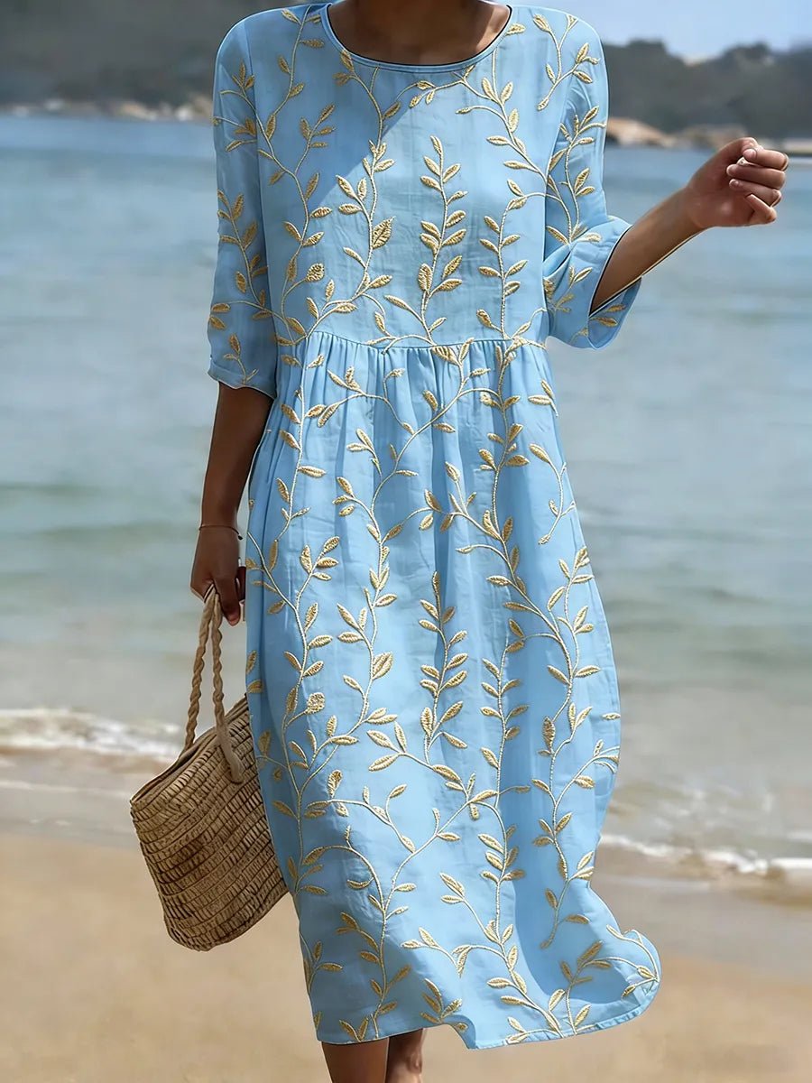 Natalie | Midi Kleid Taime- ja Lillemustriga Ümmarguse Kaelusega - Liisi Valik