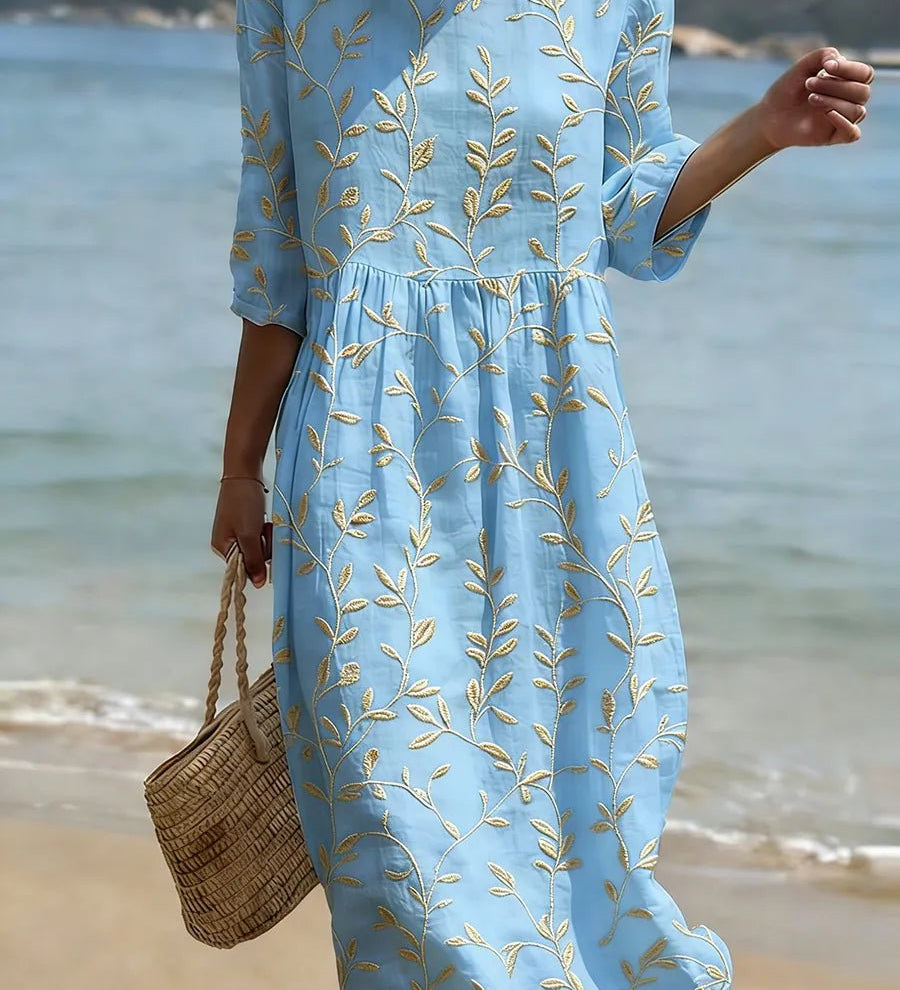 Natalie | Midi Kleid Taime- ja Lillemustriga Ümmarguse Kaelusega - Liisi Valik